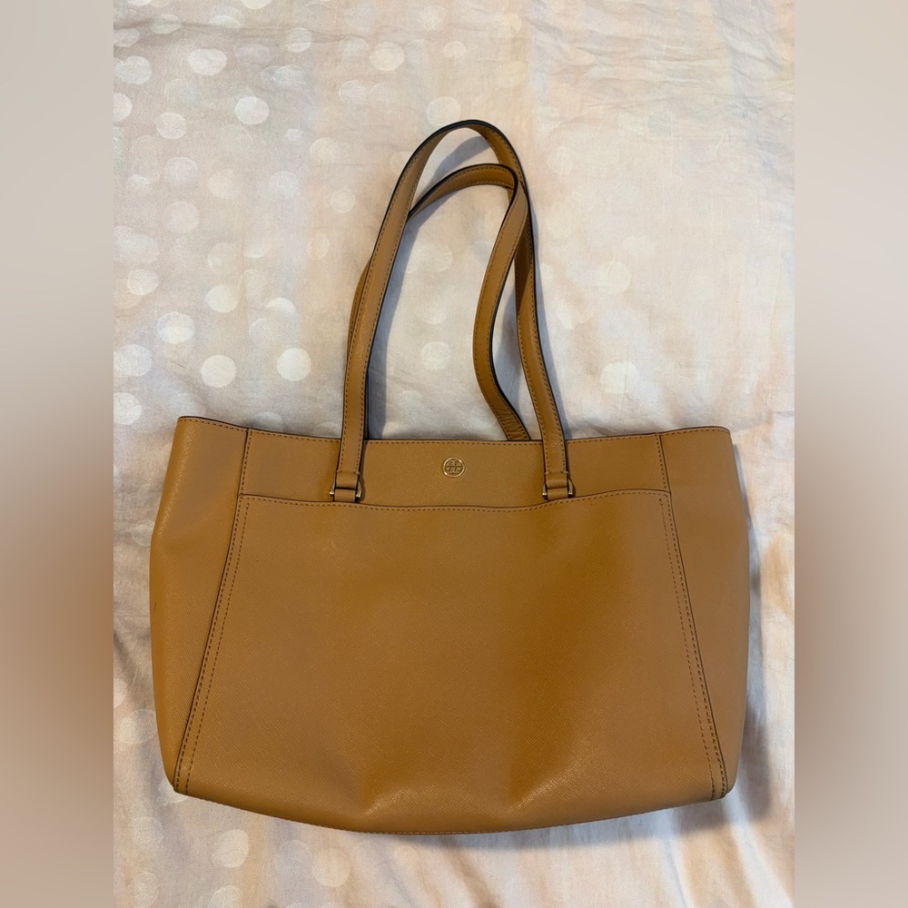 Tory Burch Tan Leather Tote with Logo Medallion
